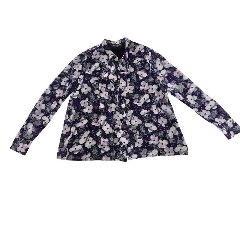 Jones New York Petite Purple Floral Chiffon Button Front Blouse 12P Long Sleeve - Picture 2 of 10